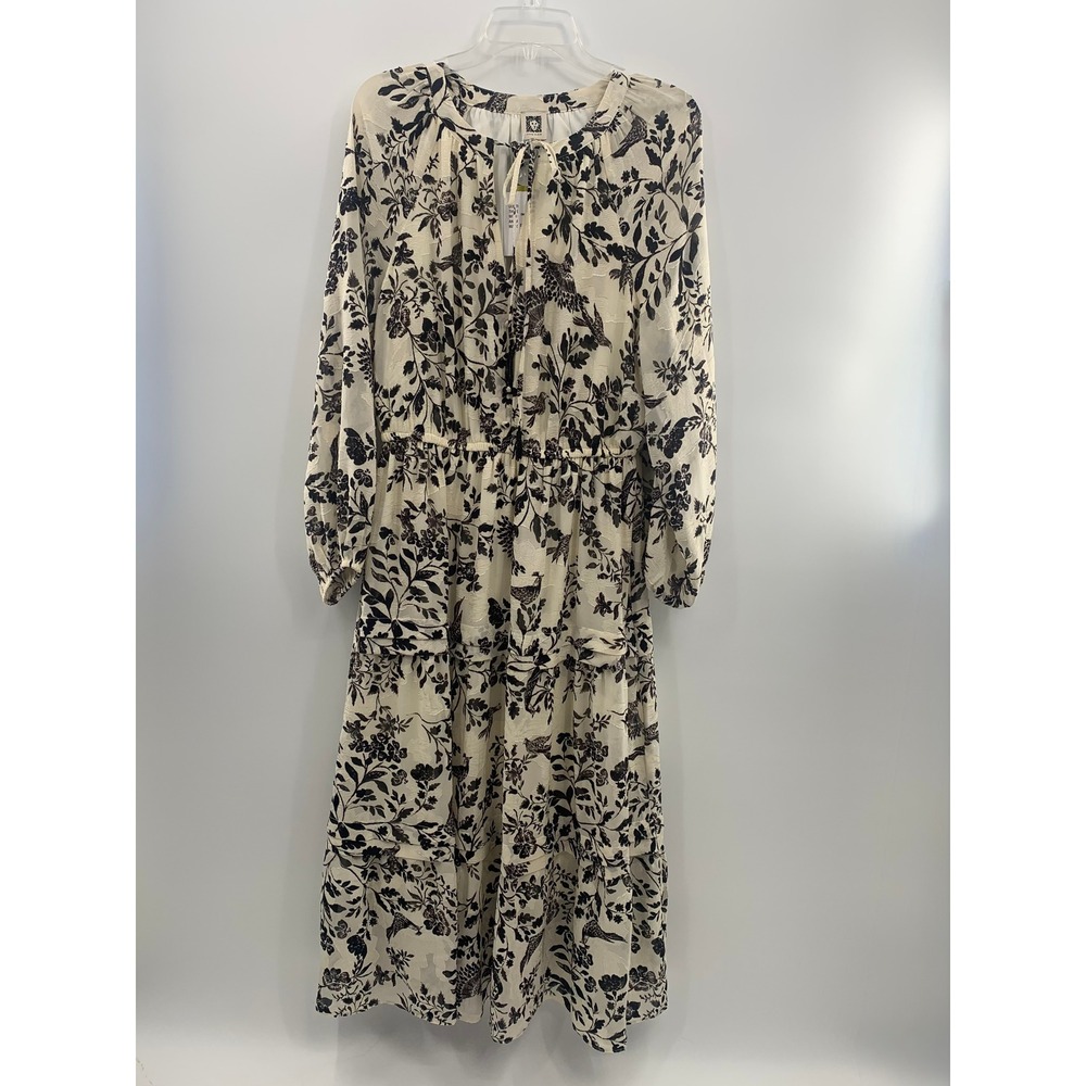 Anne Klein Dress 14 NWT Tiered Midi Maxi Cream Black Floral Bird Print Boho LS - Picture 9 of 16